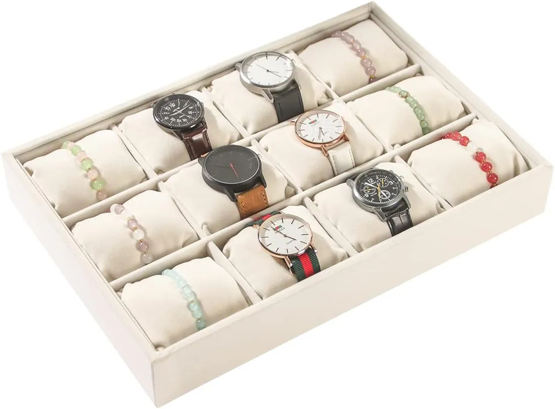 12 Grid Watch Bracelet Organizer Pillow Tray,Beige Velvet Jewelry Display Storage Stand for Selling.