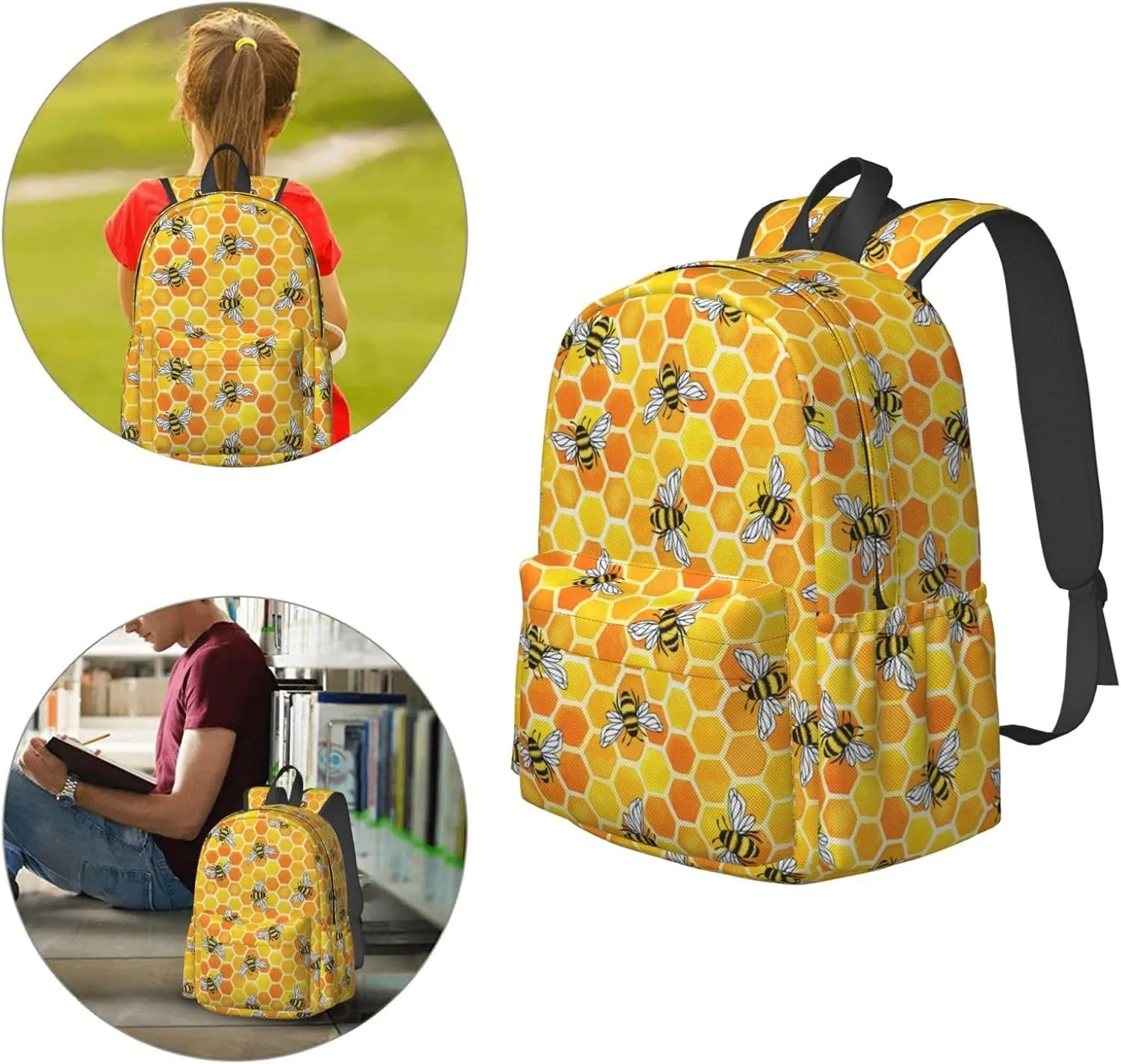 17 inch Backpack Bee Honeycomb Yellow Pattern Laptop Backpack School Bookbag Shoulder Bag Casual Daypack