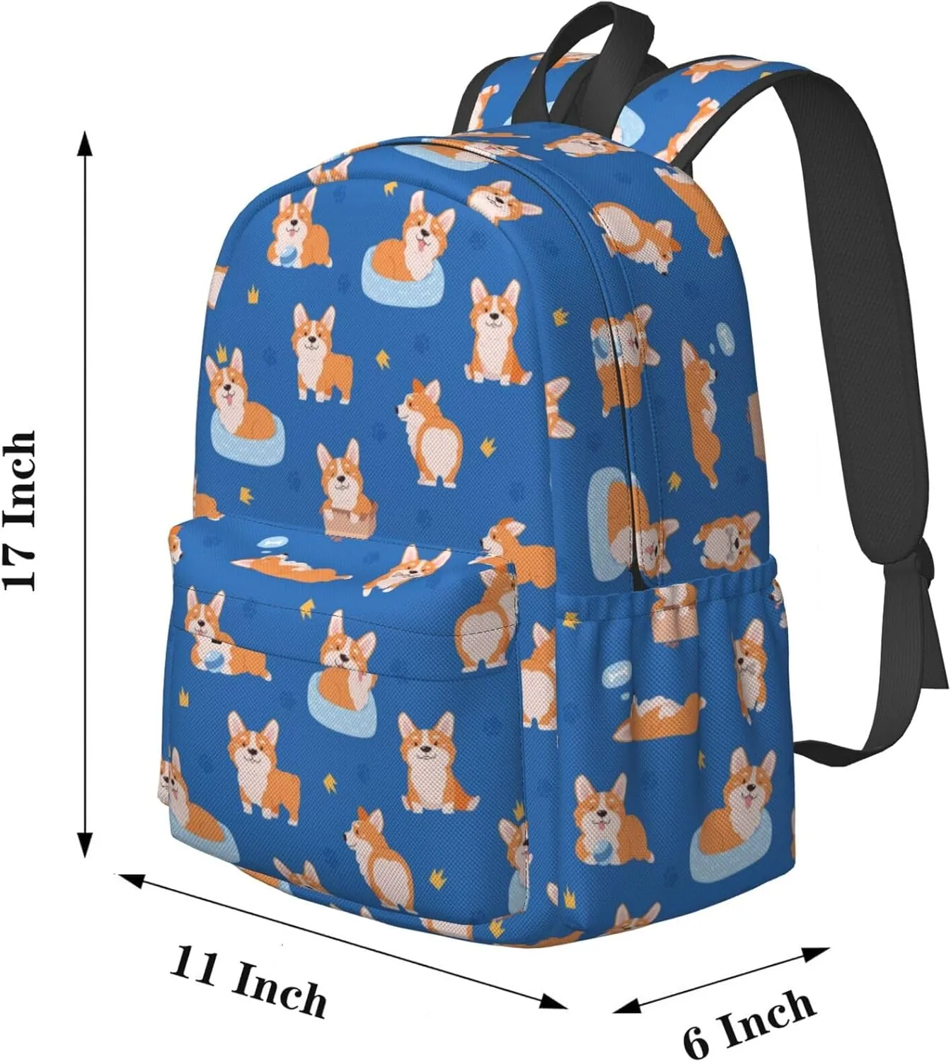 17 inch Backpack Cute Crown Corgi Dogs Puppy Laptop Backpack School Bookbag Shoulder Bag Casual Daypack