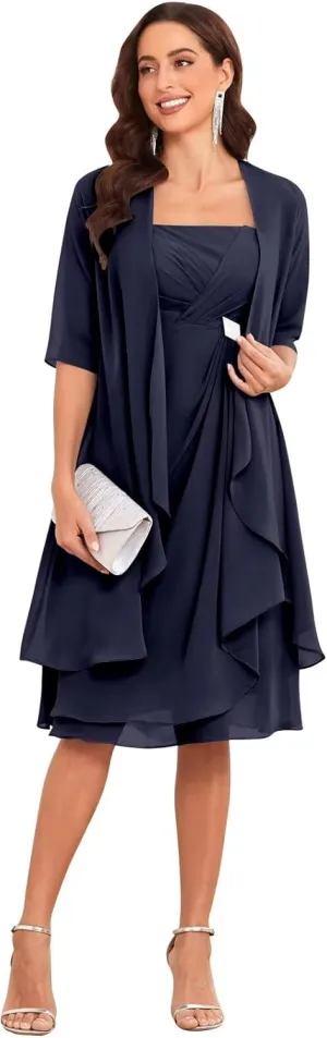 2 Piece Mother of The Bride Dresses for Wedding with Jacket Half Sleeve Ruffle Chiffon Formal Evening Dress