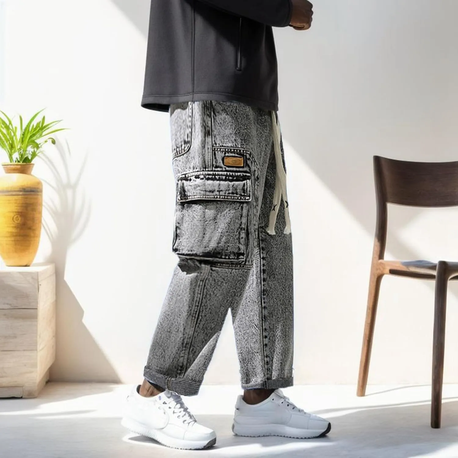 2023 Men's Cargo Jeans Loose Fit Hip Hop Denim Pants Stylish Casual Loose Work Jean Pants Streetwear Straight Fit Jeans