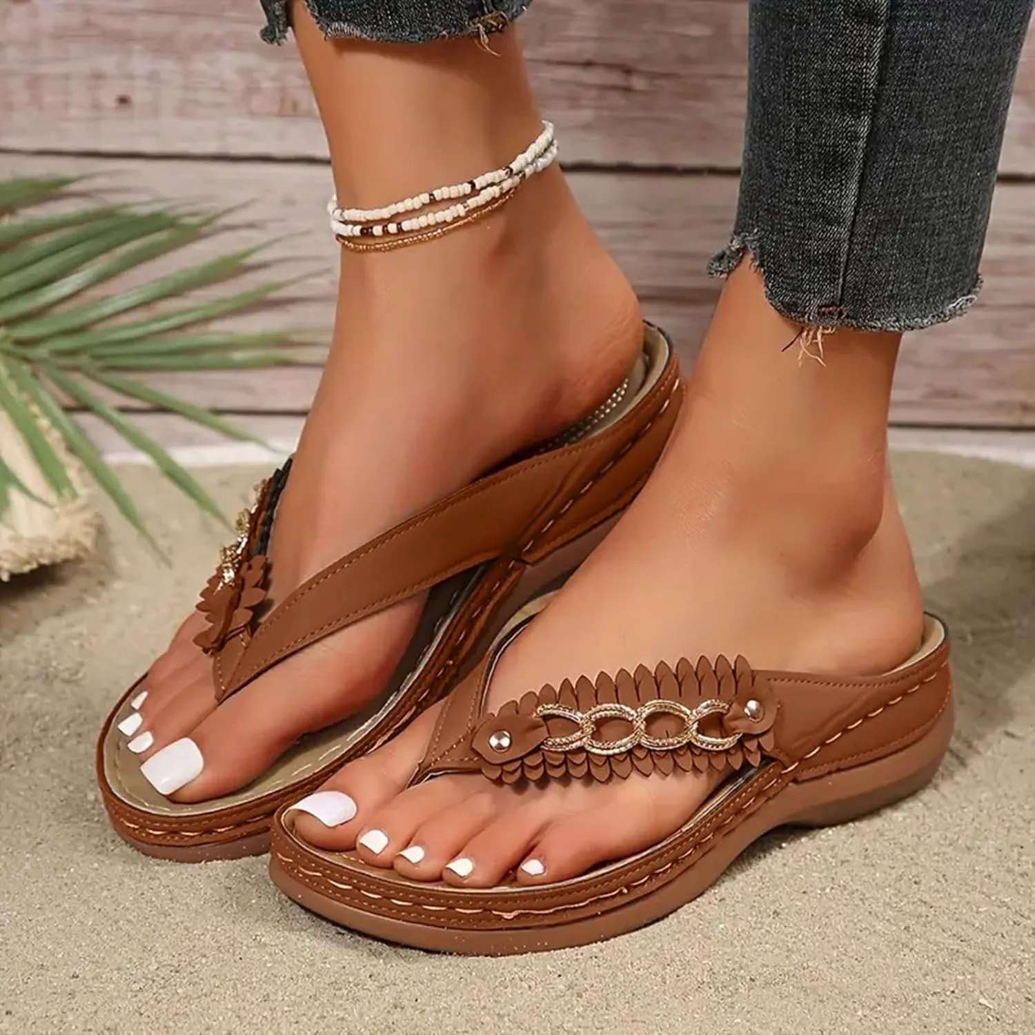 2025 Women's Arch Support Flip Flops, Comfortable Orthopedic Sandals Dressy Summer Orthotic Thong Sandals Ladies Wide Width Platform Slip on Slides for Walking Beach Vacation