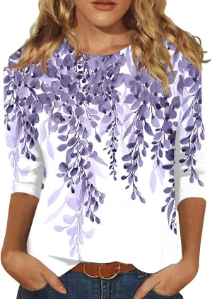 3/4 Length Sleeve Womens Tops Dressy Casual Blouses Summer Fashion Ethnic Graphic Crewneck Tunic Tshirts