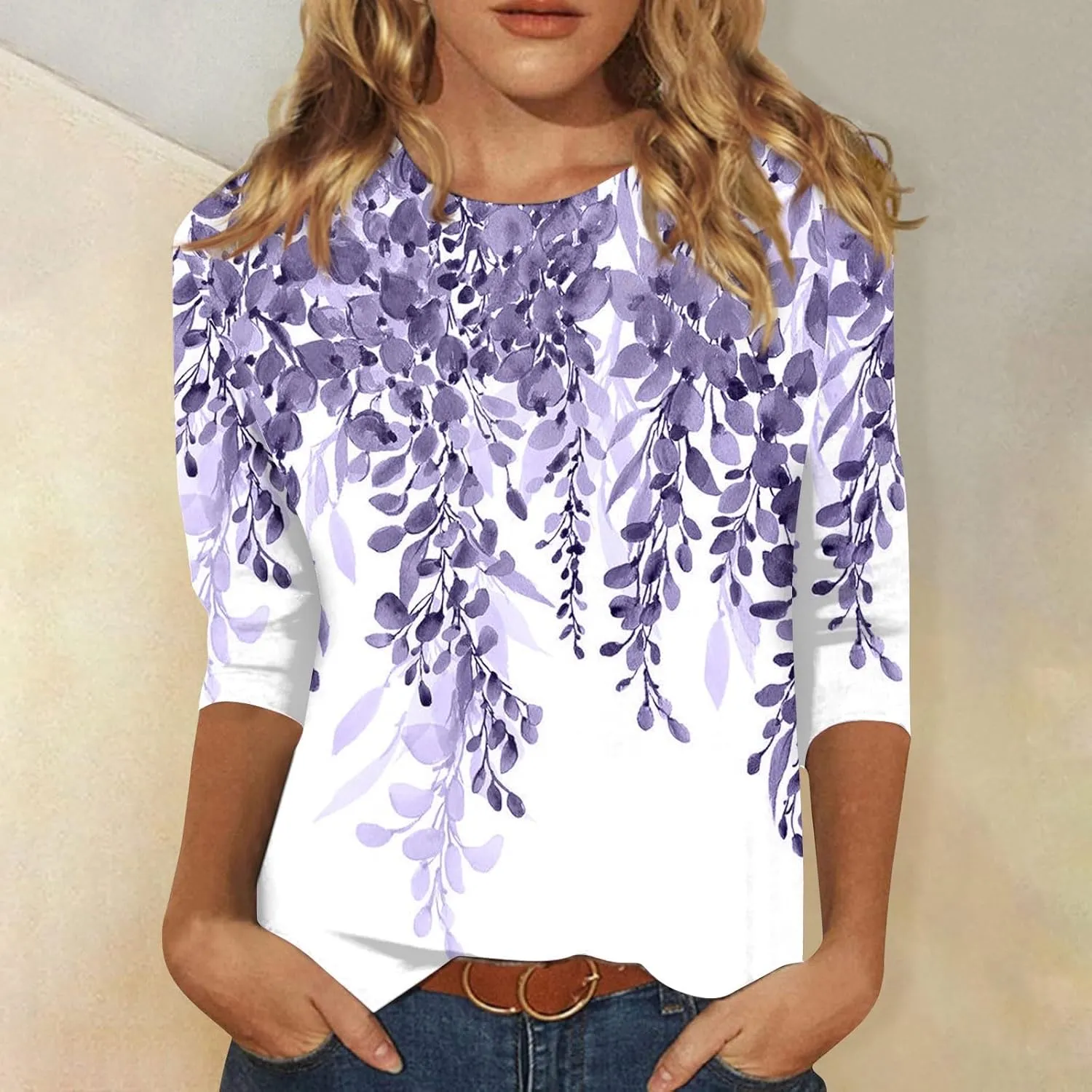 3/4 Length Sleeve Womens Tops Dressy Casual Blouses Summer Fashion Ethnic Graphic Crewneck Tunic Tshirts
