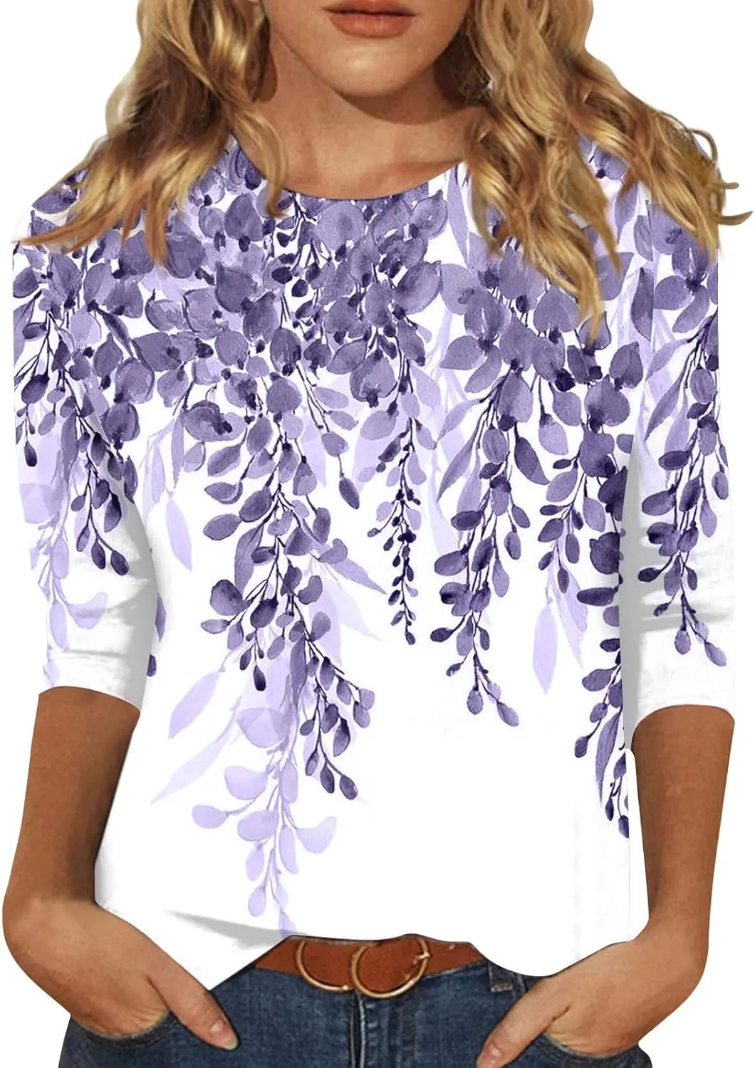 3/4 Length Sleeve Womens Tops Dressy Casual Blouses Summer Fashion Ethnic Graphic Crewneck Tunic Tshirts