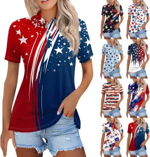 4th of July Shirts Women Patriotic American Flag Polo Shirt Red White Blue Stars Short Sleeve for Independence Day