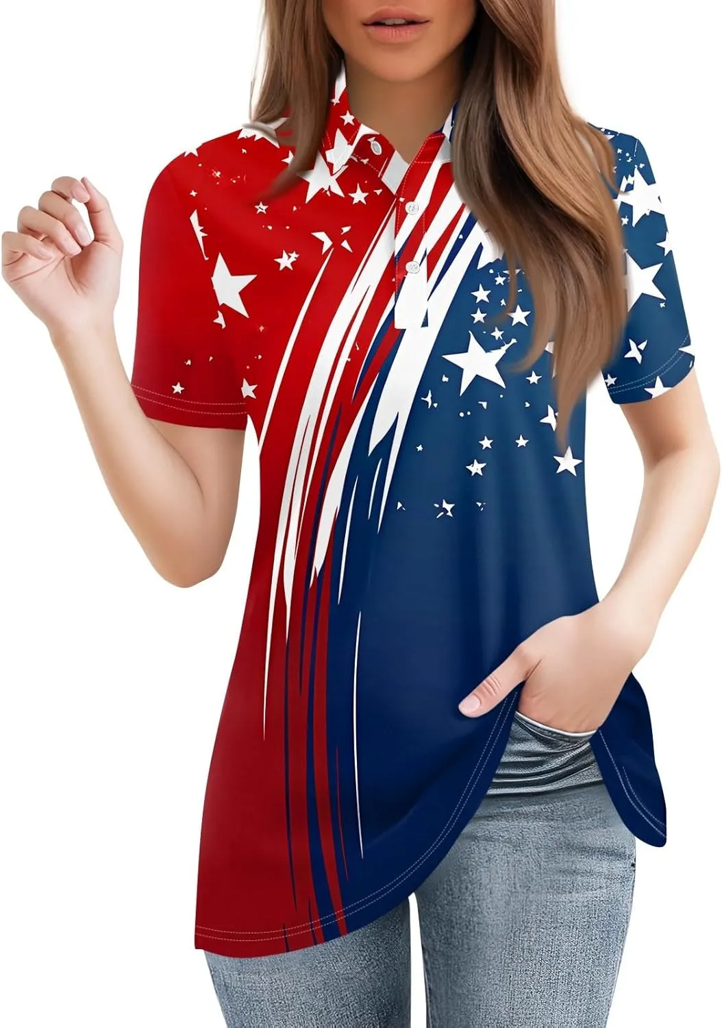 4th of July Shirts Women Patriotic American Flag Polo Shirt Red White Blue Stars Short Sleeve for Independence Day