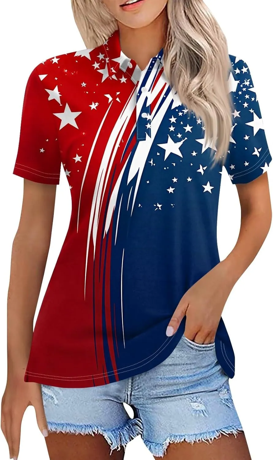 4th of July Shirts Women Patriotic American Flag Polo Shirt Red White Blue Stars Short Sleeve for Independence Day