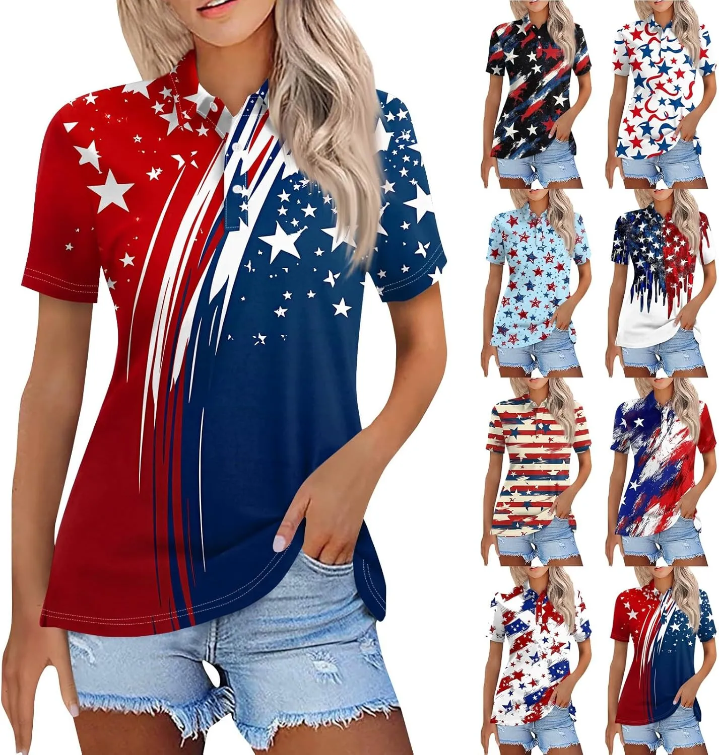 4th of July Shirts Women Patriotic American Flag Polo Shirt Red White Blue Stars Short Sleeve for Independence Day