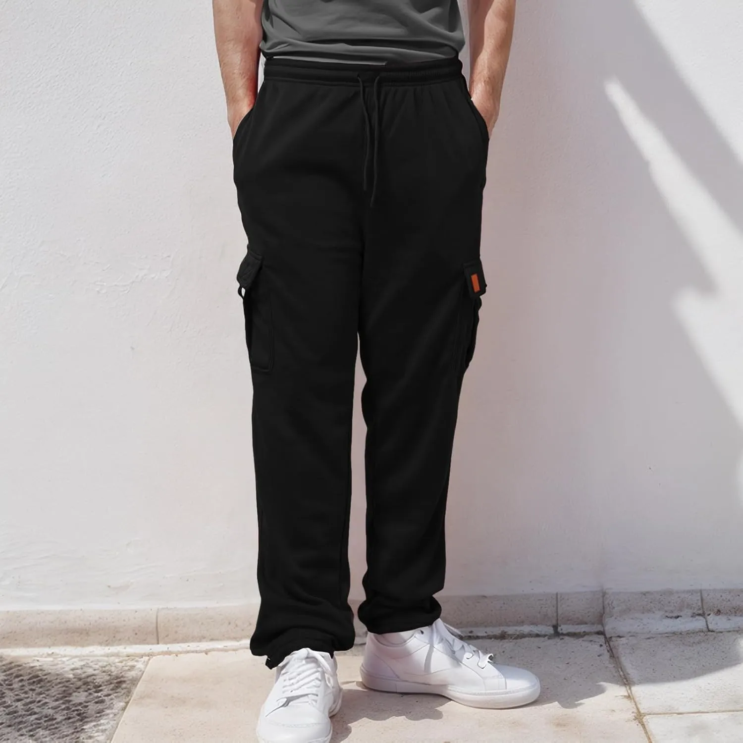 Alalaso Men's Heavyweight Cargo Fleece Sweatpants Stretch Elastic Waist Trousers Drawstring Loose Joggers with Pockets