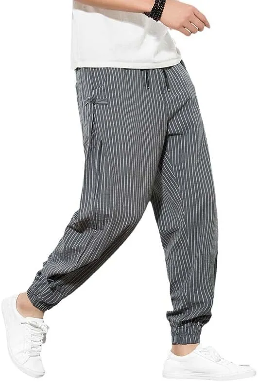Aoleaky Harem Pants Men Korean Style Casual Loose Cotton Linen Striped Men Sweatpants Jogger Pants Streetwear Trousers