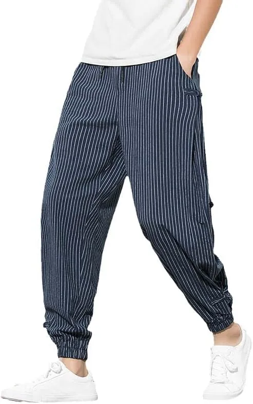 Aoleaky Harem Pants Men Korean Style Casual Loose Cotton Linen Striped Men Sweatpants Jogger Pants Streetwear Trousers