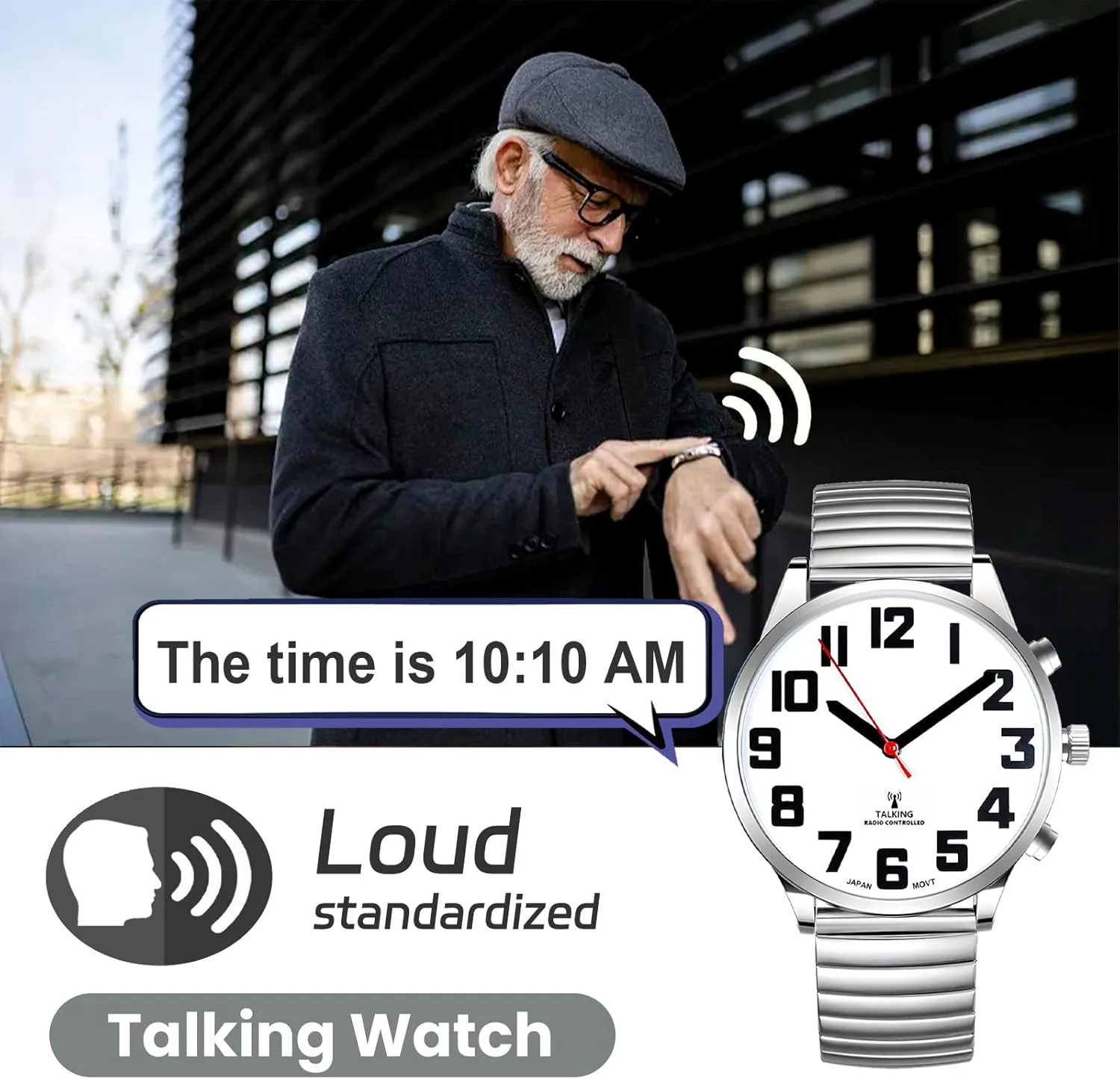 Atomic American English Talking Watch Speaks Clear and Loud Time, Date and Alarm time Stretch Band is Best Gift for Senior,Visually impaired, or Blind People
