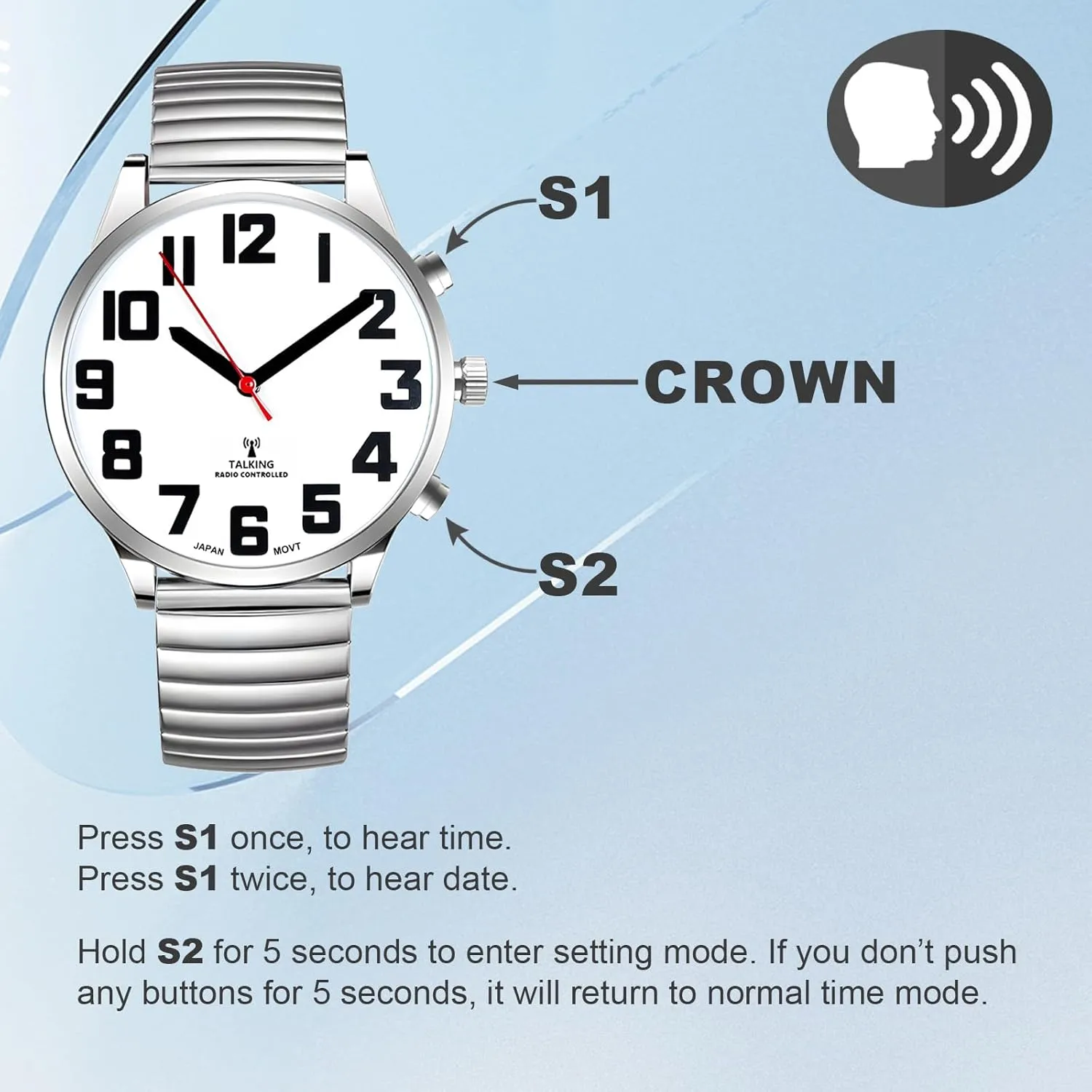 Atomic American English Talking Watch Speaks Clear and Loud Time, Date and Alarm time Stretch Band is Best Gift for Senior,Visually impaired, or Blind People