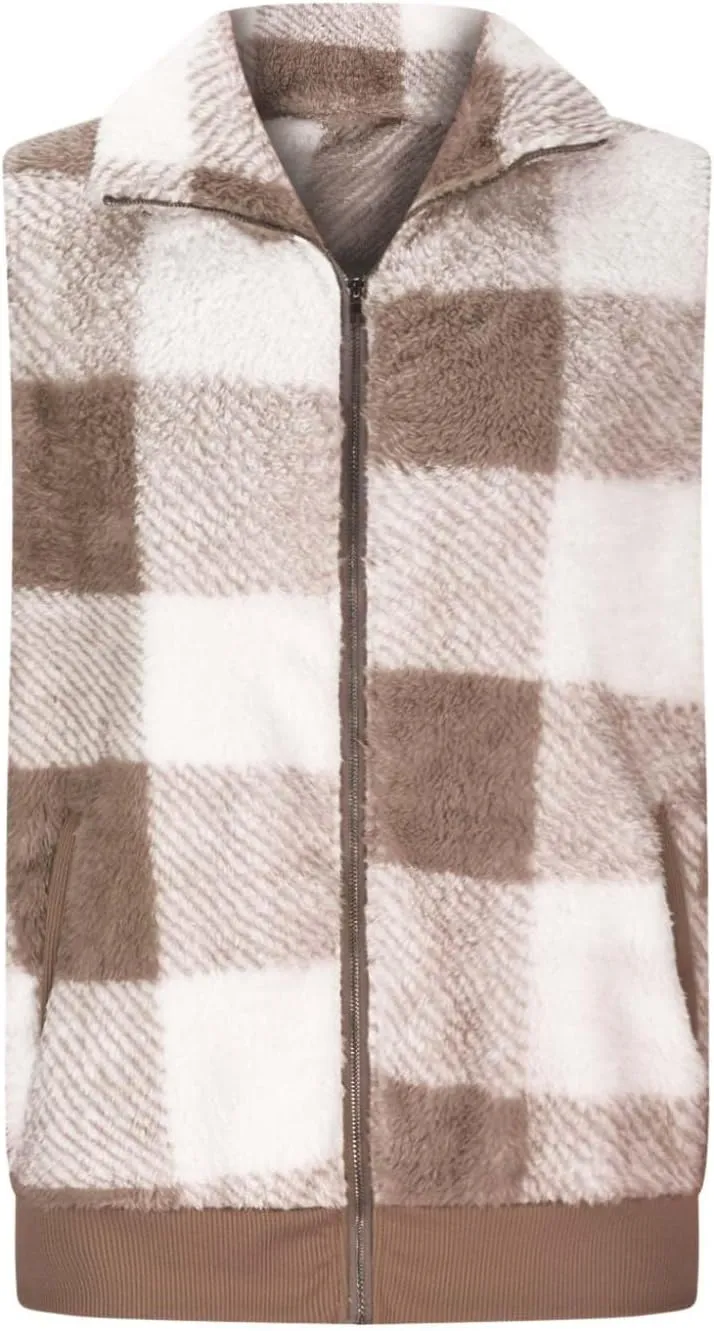 Aymnlox Zipper Vest for Women Plaid Printed Plush Coats Lapel Collar Sleeveless Fleece Jackets with Pockets Open Front Coat