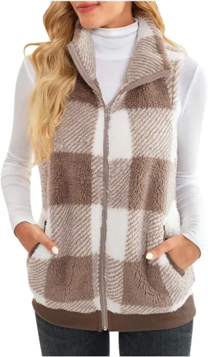 Aymnlox Zipper Vest for Women Plaid Printed Plush Coats Lapel Collar Sleeveless Fleece Jackets with Pockets Open Front Coat