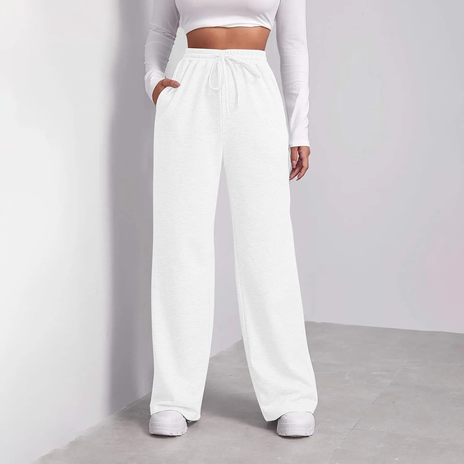Baggy Wide Leg Sweatpants for Women Fleece High Waist Joggers with Pockets Lightweight Comfy Drawstring Sweat Pants