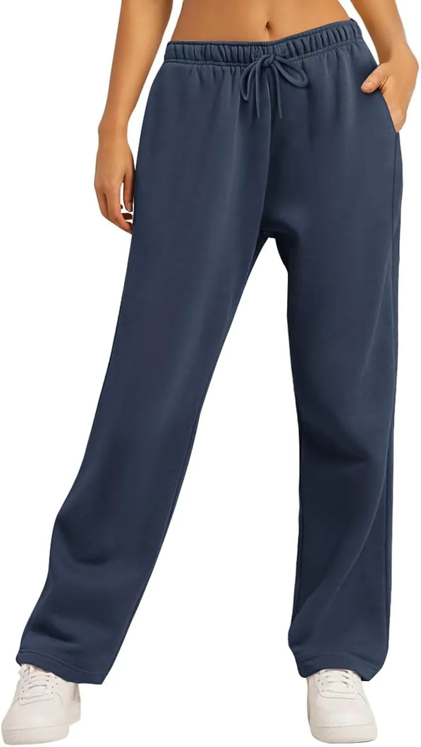 Baggy Wide Leg Sweatpants for Women Fleece High Waist Joggers with Pockets Lightweight Comfy Drawstring Sweat Pants