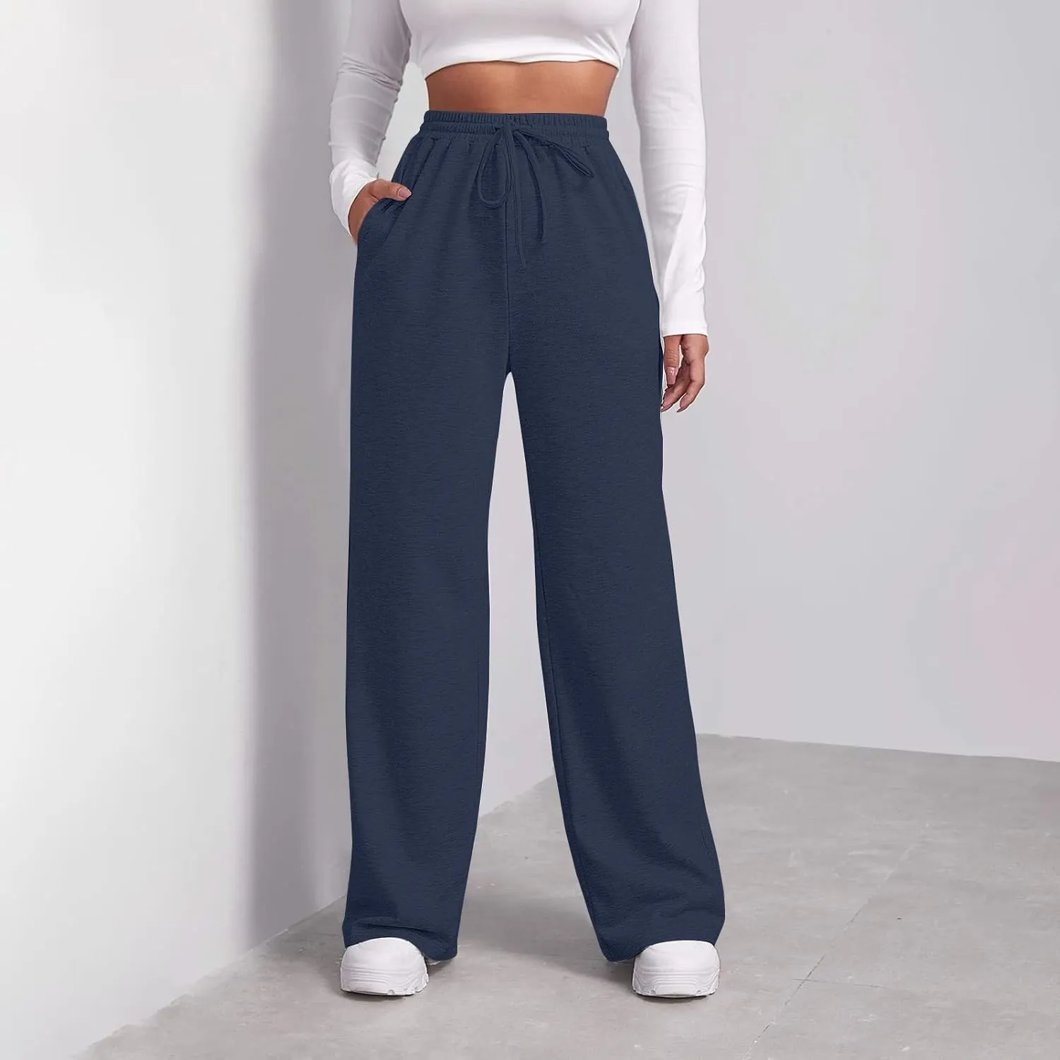 Baggy Wide Leg Sweatpants for Women Fleece High Waist Joggers with Pockets Lightweight Comfy Drawstring Sweat Pants