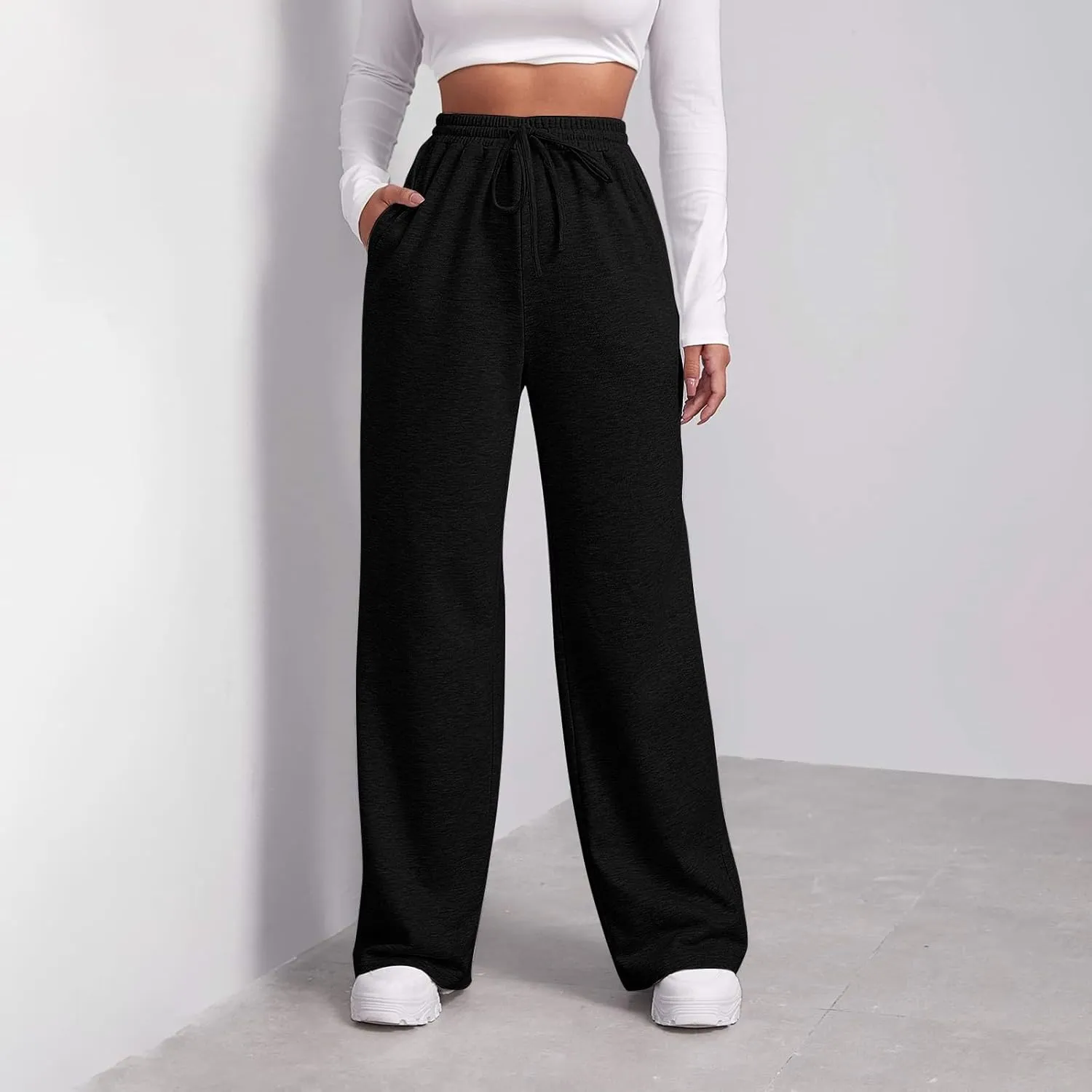 Baggy Wide Leg Sweatpants for Women Fleece High Waist Joggers with Pockets Lightweight Comfy Drawstring Sweat Pants