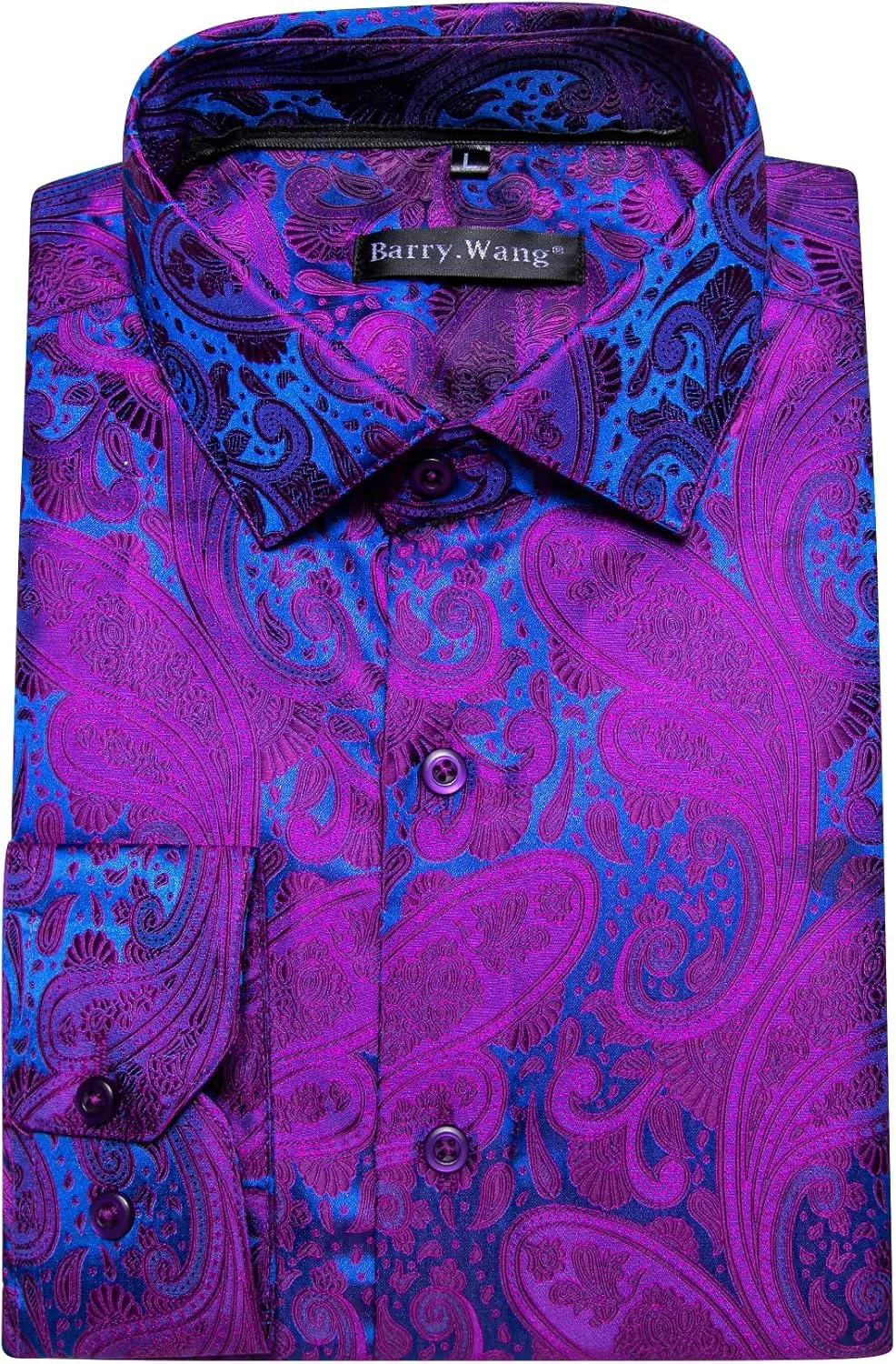 Barry.Wang Men's Dress Shirt Paisley Silk Long Sleeve Button Down Shirts Formal Wedding Regular Fit Tops Disco Party
