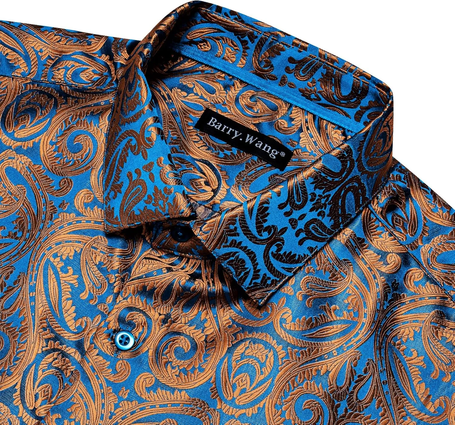Barry.Wang Men's Dress Shirt Paisley Silk Long Sleeve Button Down Shirts Formal Wedding Regular Fit Tops Disco Party