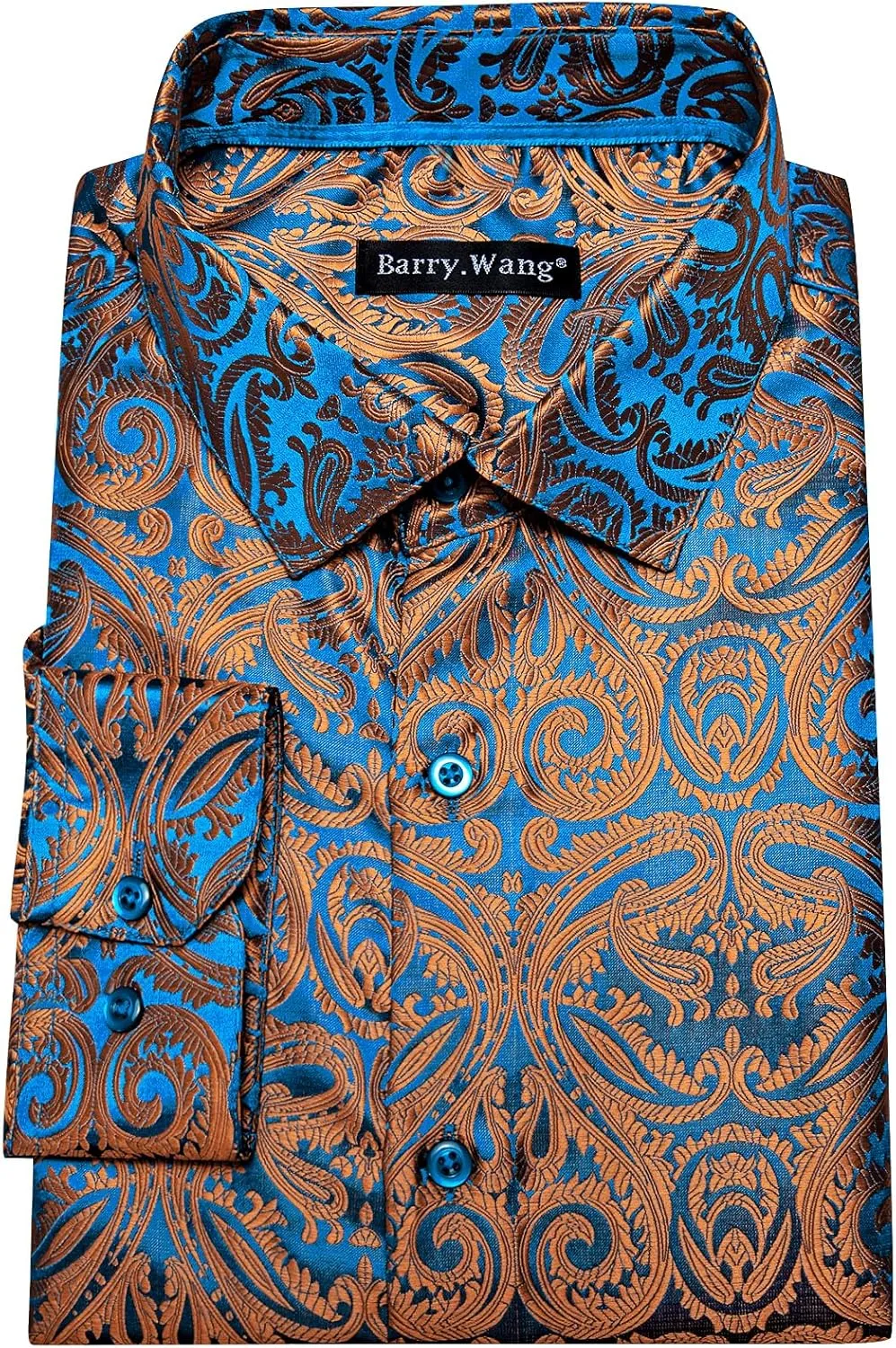 Barry.Wang Men's Dress Shirt Paisley Silk Long Sleeve Button Down Shirts Formal Wedding Regular Fit Tops Disco Party