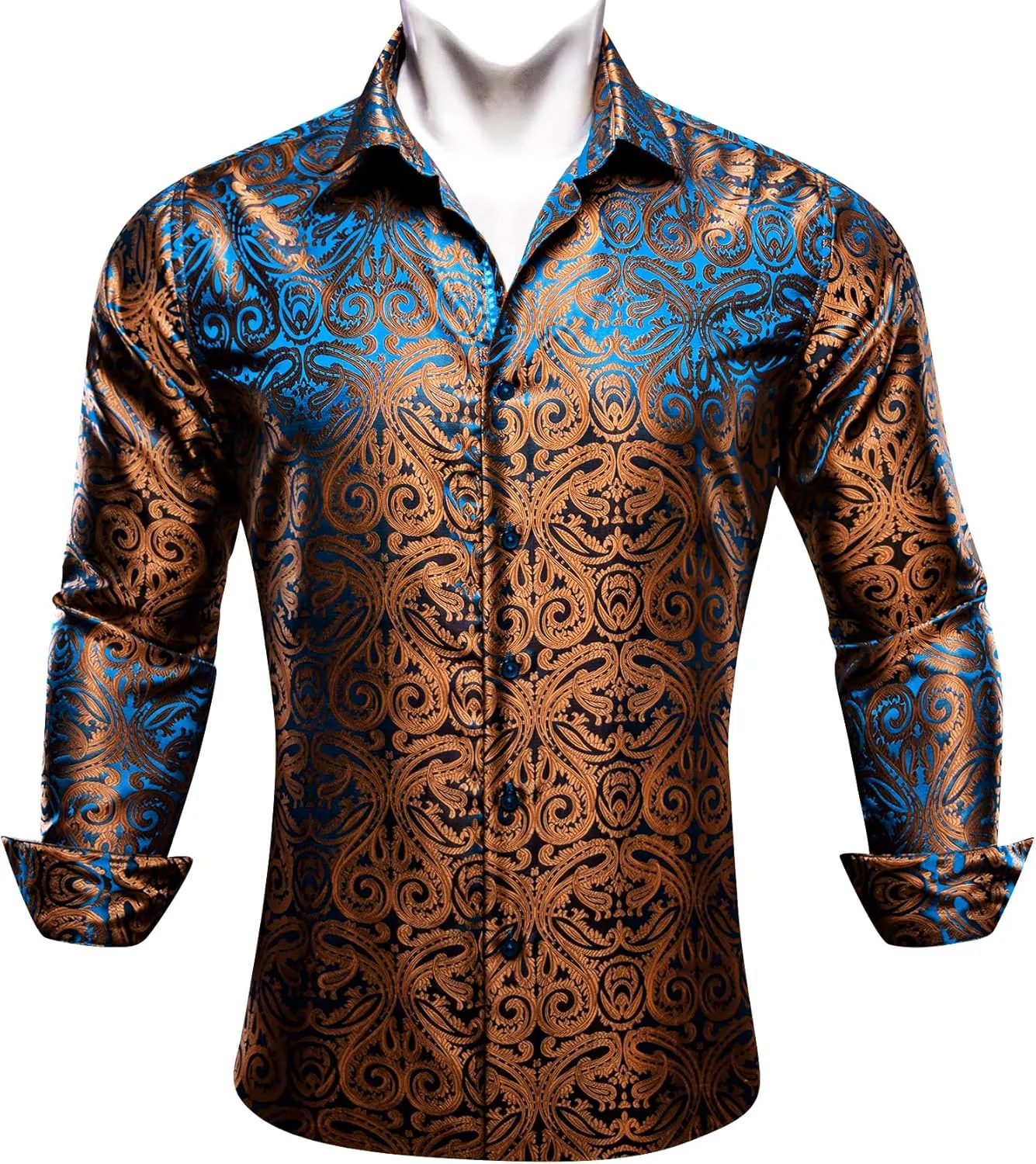 Barry.Wang Men's Dress Shirt Paisley Silk Long Sleeve Button Down Shirts Formal Wedding Regular Fit Tops Disco Party