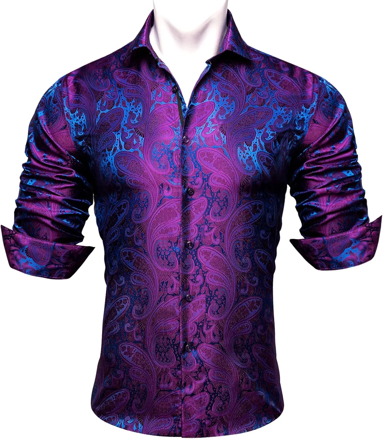 Barry.Wang Men's Dress Shirt Paisley Silk Long Sleeve Button Down Shirts Formal Wedding Regular Fit Tops Disco Party