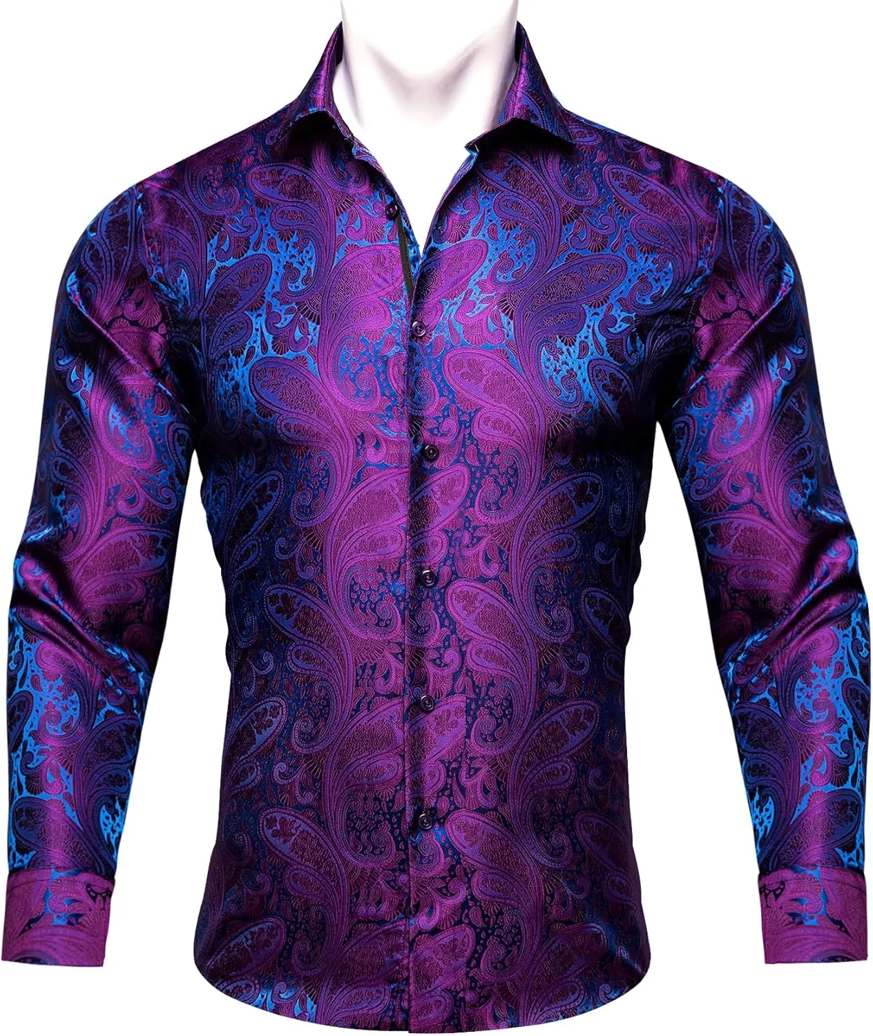 Barry.Wang Men's Dress Shirt Paisley Silk Long Sleeve Button Down Shirts Formal Wedding Regular Fit Tops Disco Party