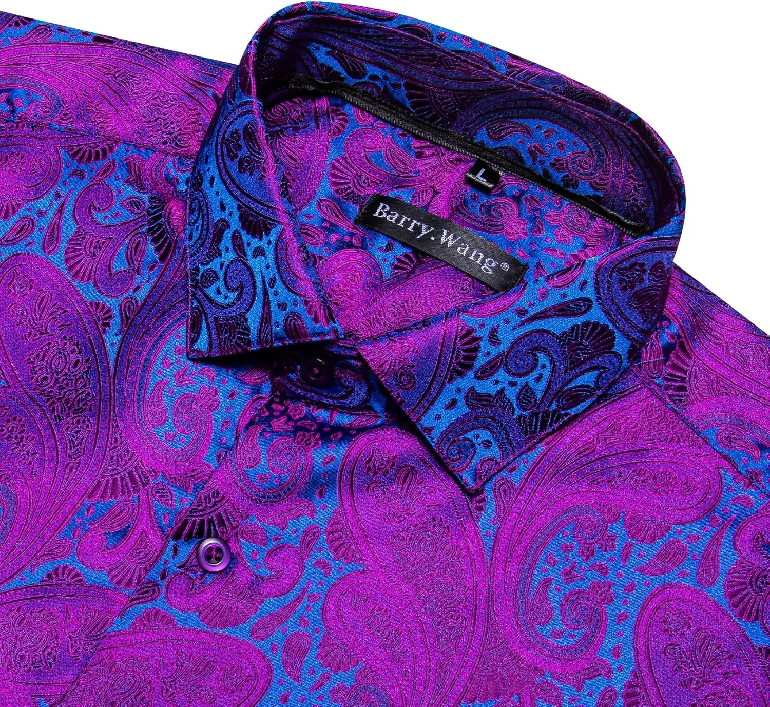 Barry.Wang Men's Dress Shirt Paisley Silk Long Sleeve Button Down Shirts Formal Wedding Regular Fit Tops Disco Party