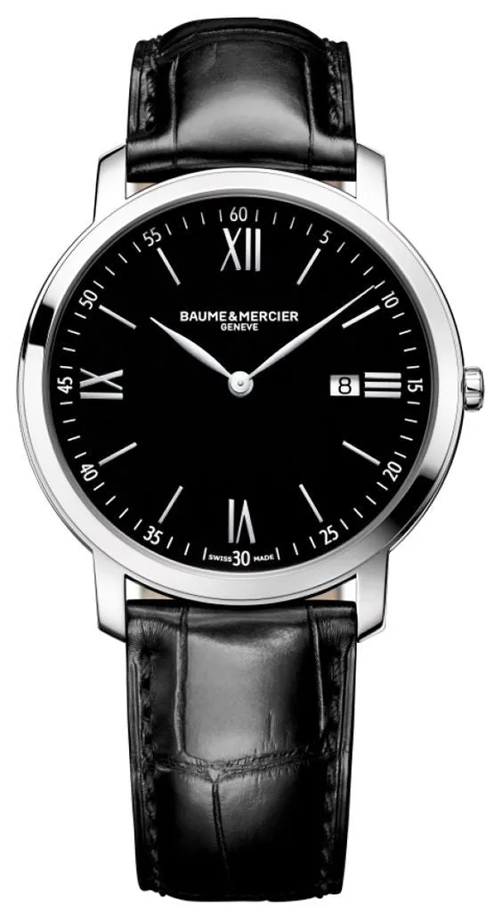 Baume & Mercier Classima Stainless Steel Black Dial Black Leather Strap Date Quartz Mens Watch MOA10098
