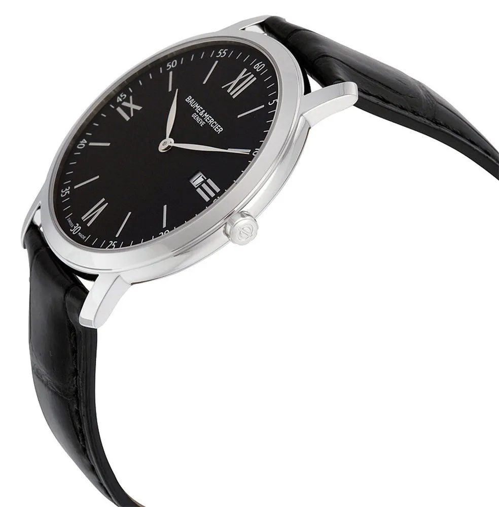 Baume & Mercier Classima Stainless Steel Black Dial Black Leather Strap Date Quartz Mens Watch MOA10098
