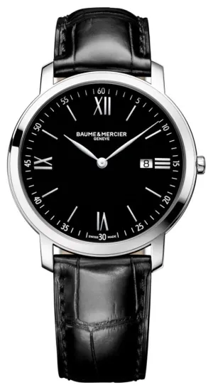 Baume & Mercier Classima Stainless Steel Black Dial Black Leather Strap Date Quartz Mens Watch MOA10098