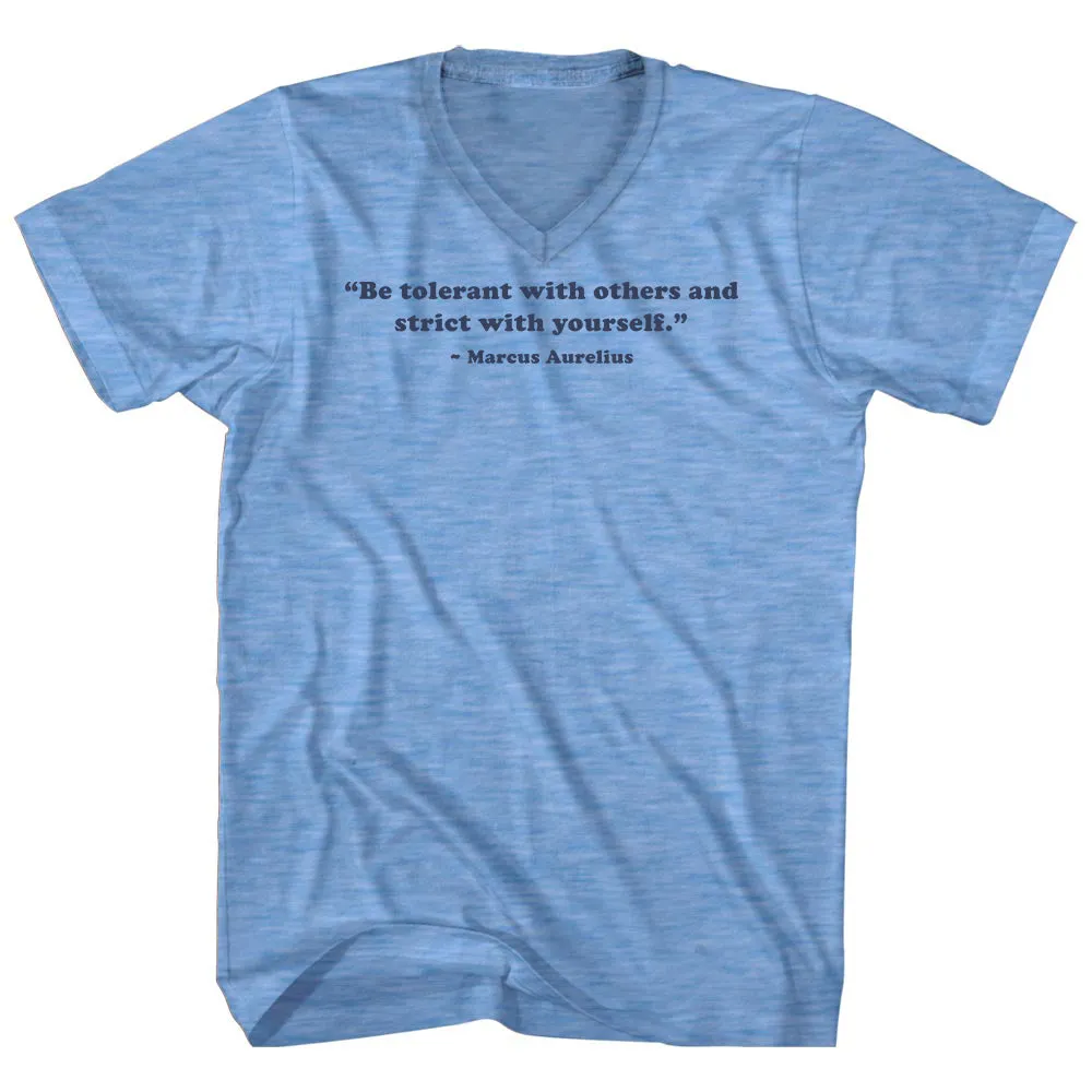 Be Tolerant With Others And Strict With Yourself. - Marcus Aurelius Quote Tees Adult Tri-Blend V-neck T-shirt