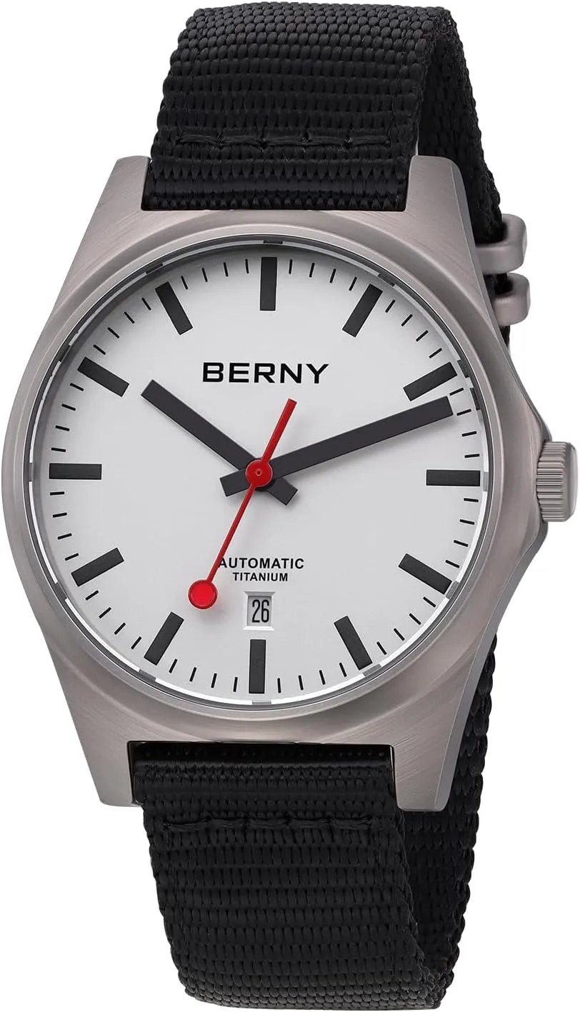 BERNY Automatic Titanium Watch for Men 10ATM Waterproof Classic Men's Railroad Watch Super Luminous Male Analog Mechanical Wristwatch AR Sapphire Crystal Date Calender Birthday Present