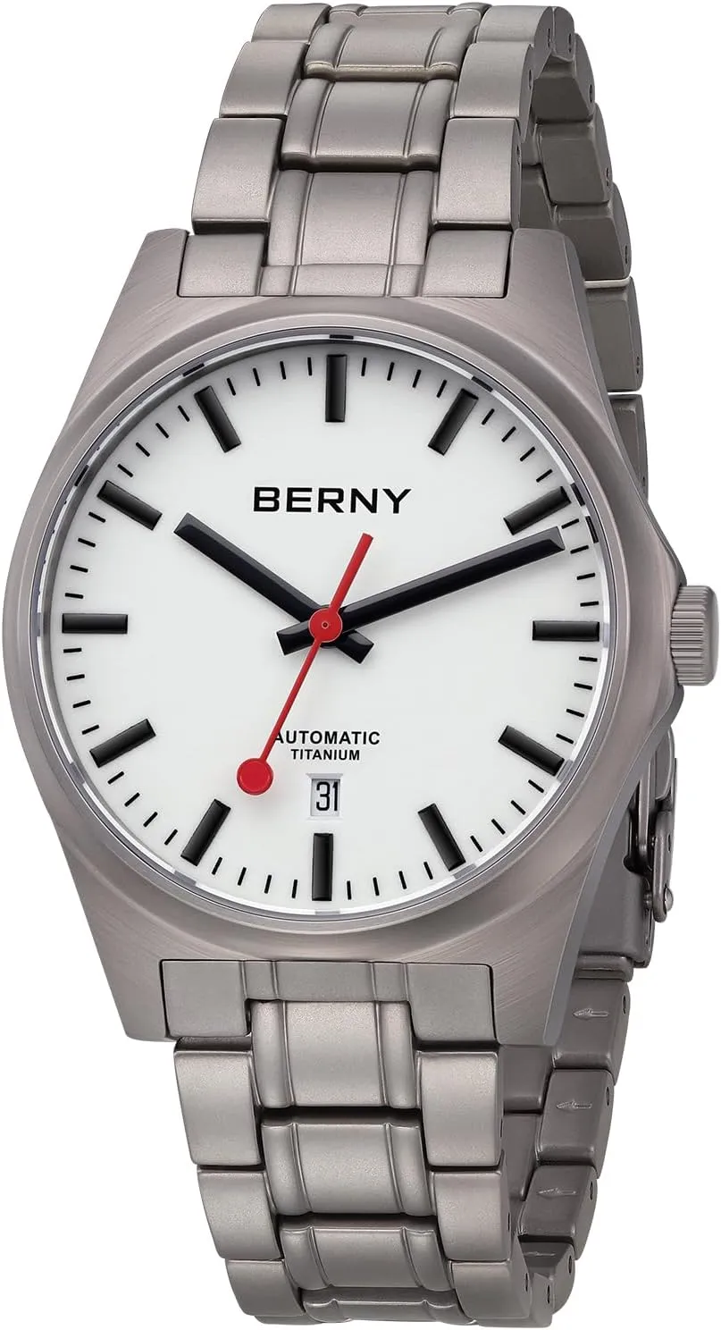 BERNY Automatic Titanium Watch for Men 10ATM Waterproof Classic Men's Railroad Watch Super Luminous Male Analog Mechanical Wristwatch Full Titanium AR Sapphire Crystal Date Calender Birthday Present