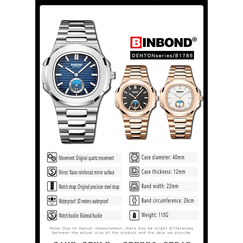 BINBONG Men's Luxury Quartz Watch - Stainless Steel, Waterproof, Luminous, Business Style (B1786)