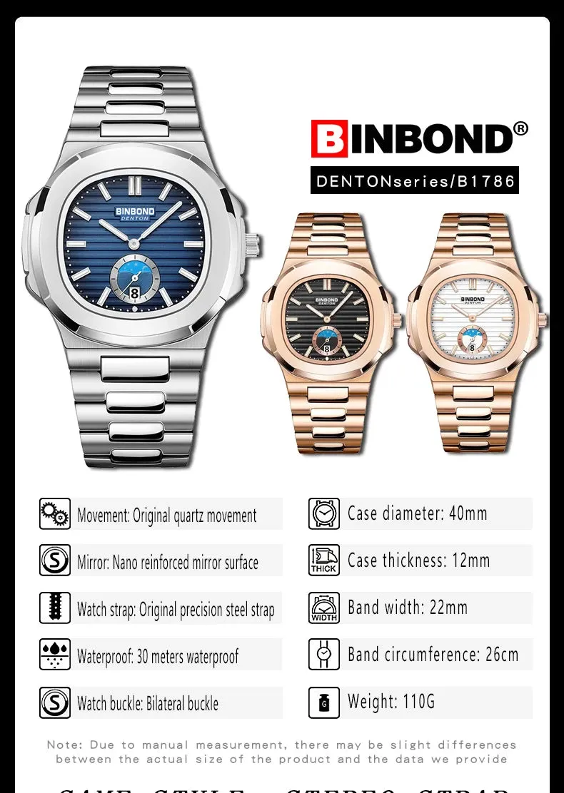 BINBONG Men's Luxury Quartz Watch - Stainless Steel, Waterproof, Luminous, Business Style (B1786)