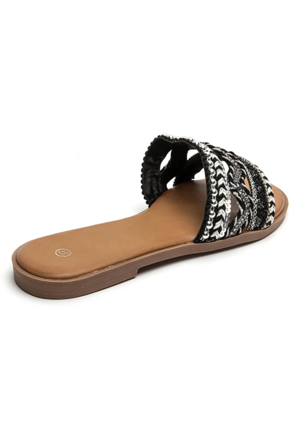 BLACK PATTERN DESIGN FLAT SLIP ON SANDALS