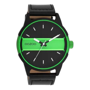 Black/fluo green OOZOO watch with black leather strap - C11234