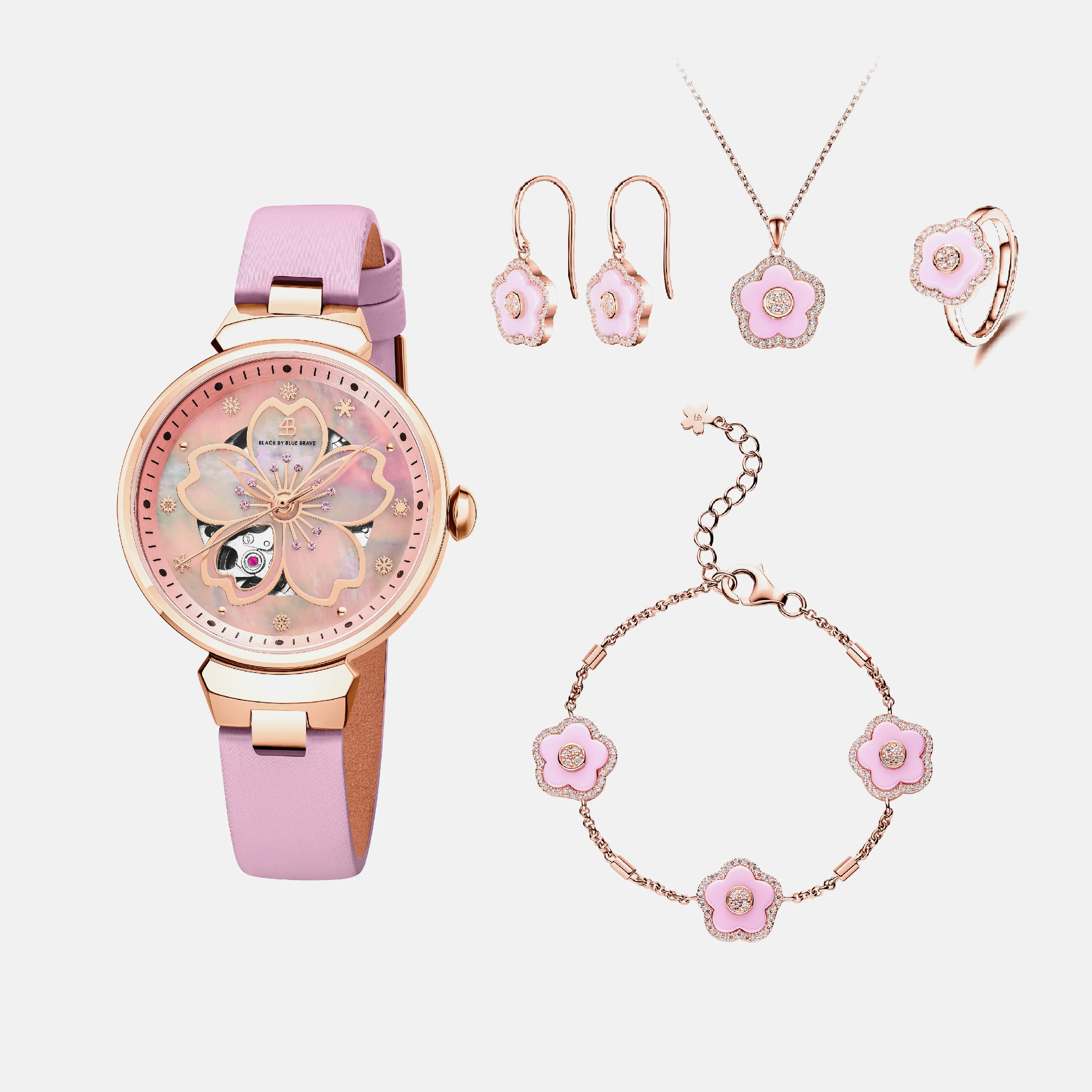 BLUE CHERRY BLOSSOM 36MM AUTOMATIC WATCH & FLOWER CERAMIC  JEWELLERIES（EARRINGS & BRACELET & NECKLACE & RING）