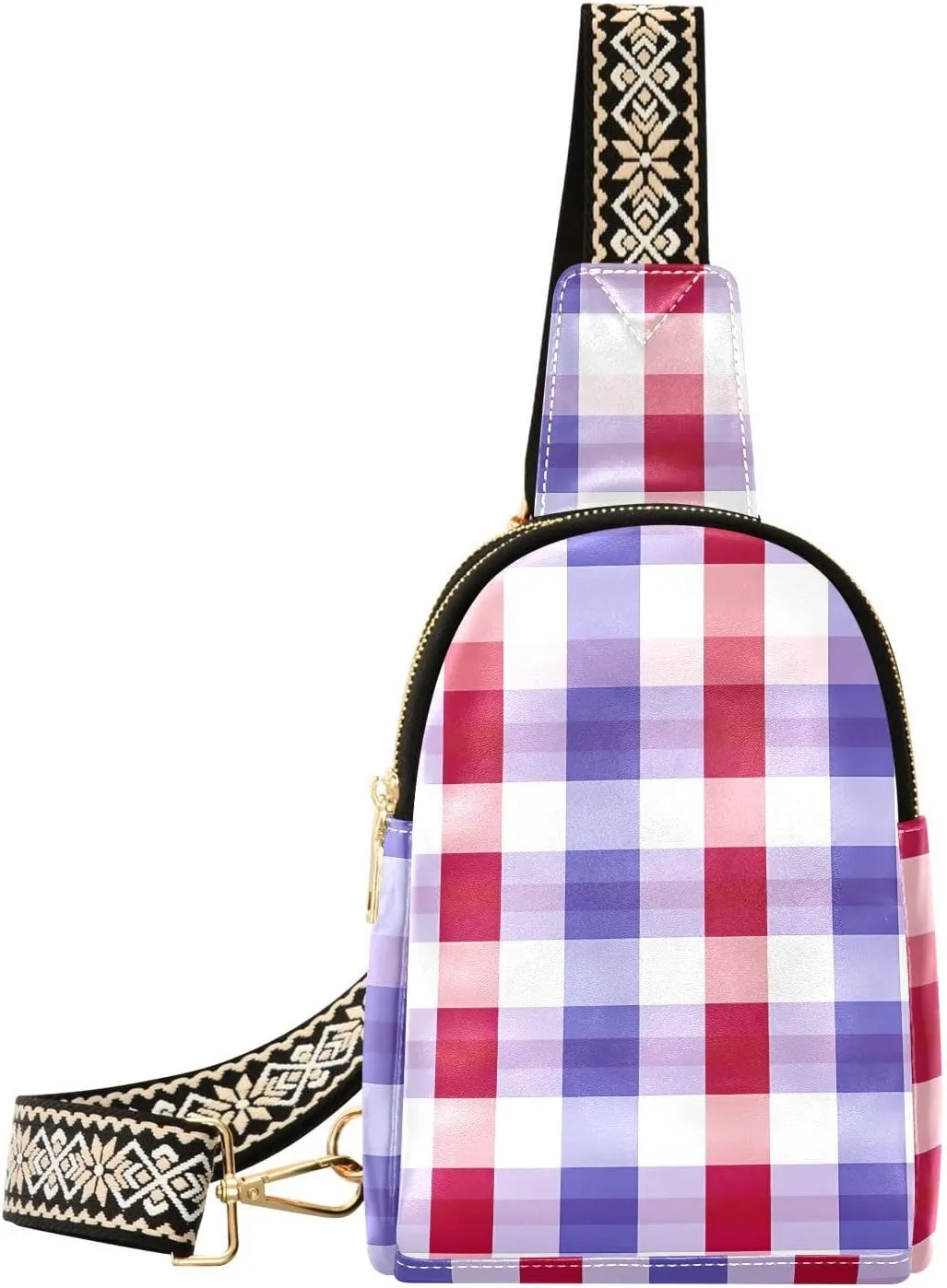 Blue Red Plaid Sling Bag for Women Leather Crossbody Bag with Adjustable Strap Belt Bag Fanny Packs
