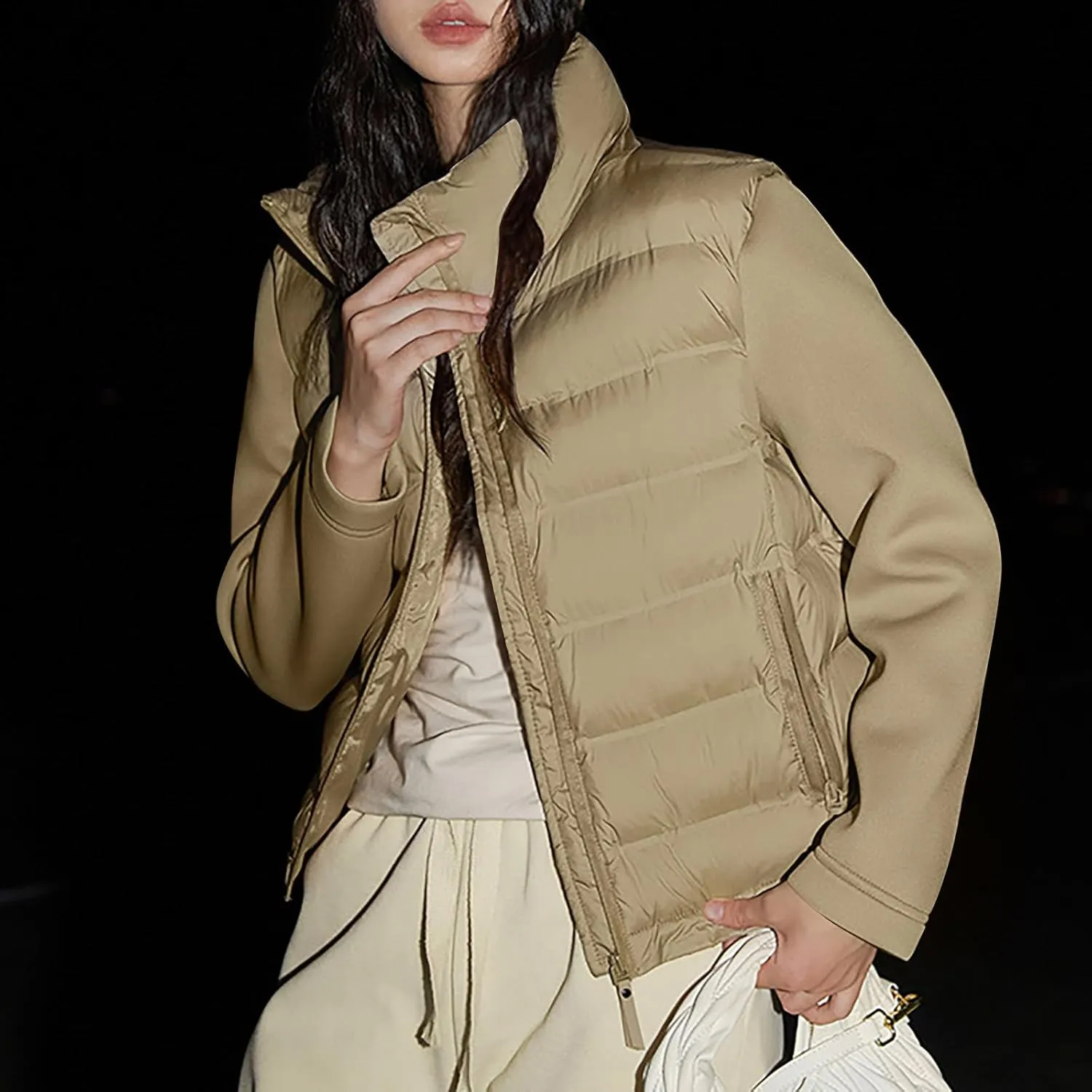 Borniu Womens Winter Cropped Puffer Jacket Coat Splice Short Warm Quilted Jacket Lightweight Down Coats with Pockets