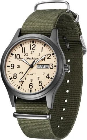 BOSHIYA Men's Military Tactical Field Watches Outdoor Sports/Work Watch Waterproof Analogue Quartz Watches Minimalist Lightweight Nylon Watch - Imported Japanese Movement/40mm Waterproof/Date Display