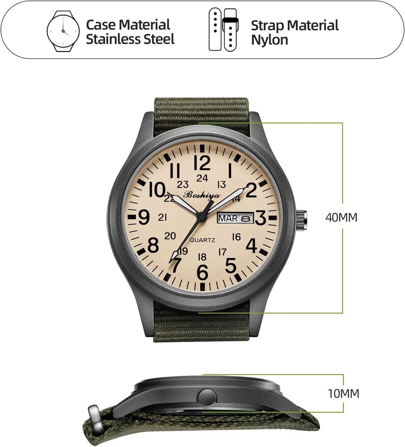BOSHIYA Men's Military Tactical Field Watches Outdoor Sports/Work Watch Waterproof Analogue Quartz Watches Minimalist Lightweight Nylon Watch - Imported Japanese Movement/40mm Waterproof/Date Display