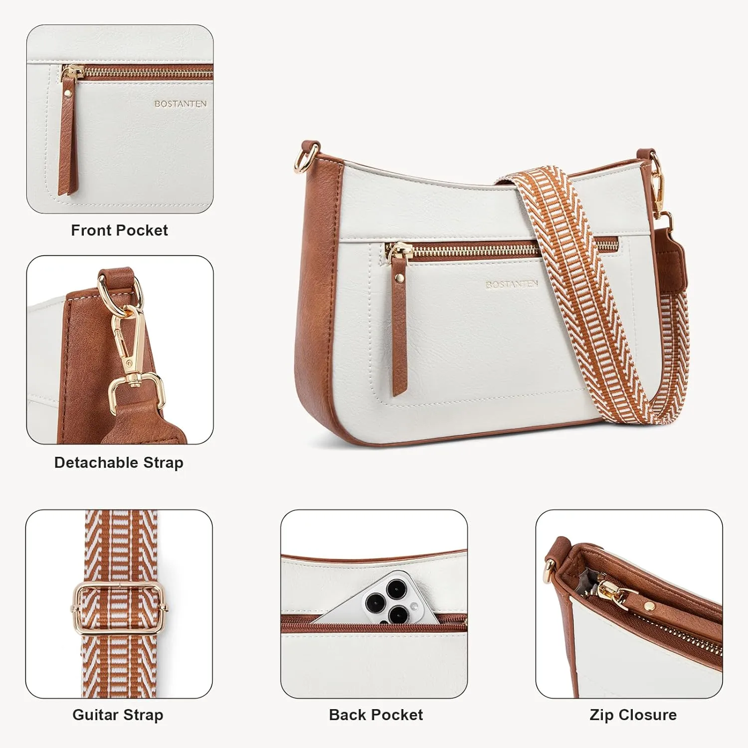 BOSTANTEN Crossbody Bags for Women Vegan Leather Hobo Purses Shoulder Handbags with Detachable Guitar Strap