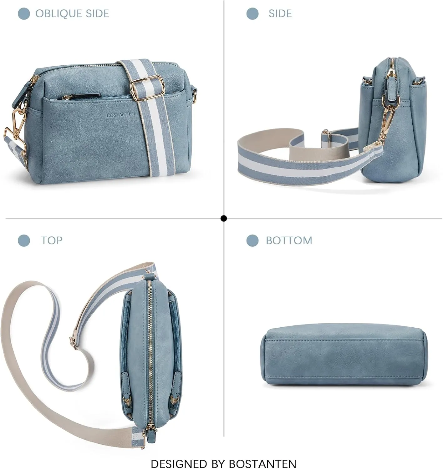 BOSTANTEN Small Crossbody Purse for Women Triple Zip Cell Phone Leather Handbag with Colored Shoulder Strap
