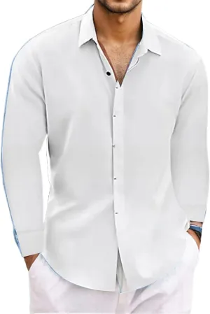 Button Down Linen Shirts for Men Casual Long Sleeve Dress Shirts Light Summer Beach Shirts Solid Stylish Vacation Tops