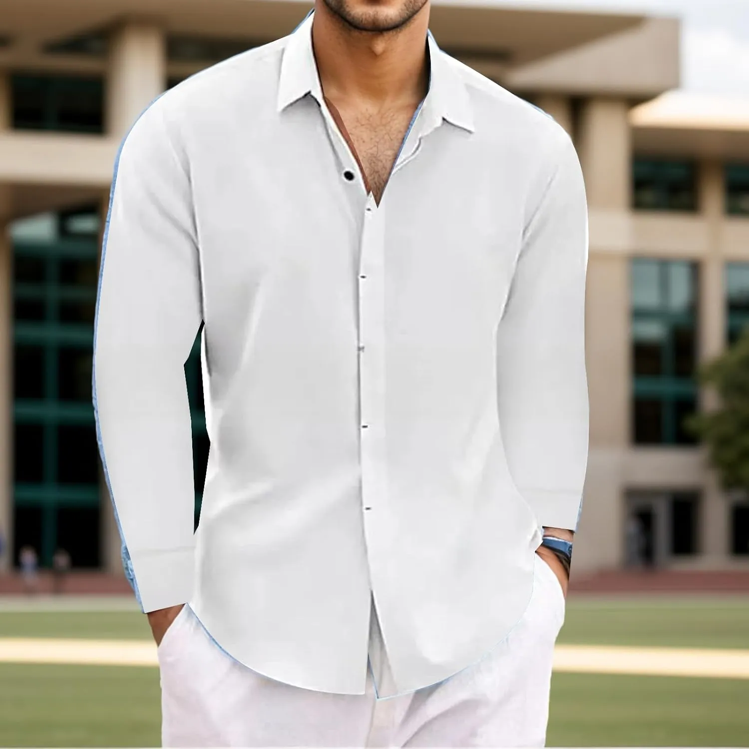 Button Down Linen Shirts for Men Casual Long Sleeve Dress Shirts Light Summer Beach Shirts Solid Stylish Vacation Tops